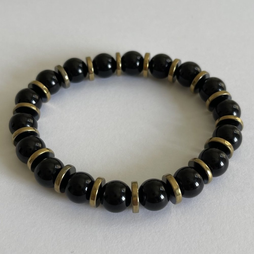 10mm Black Obsidian with Gold Hematite Spacer Crystal Round Stretch Bracelet